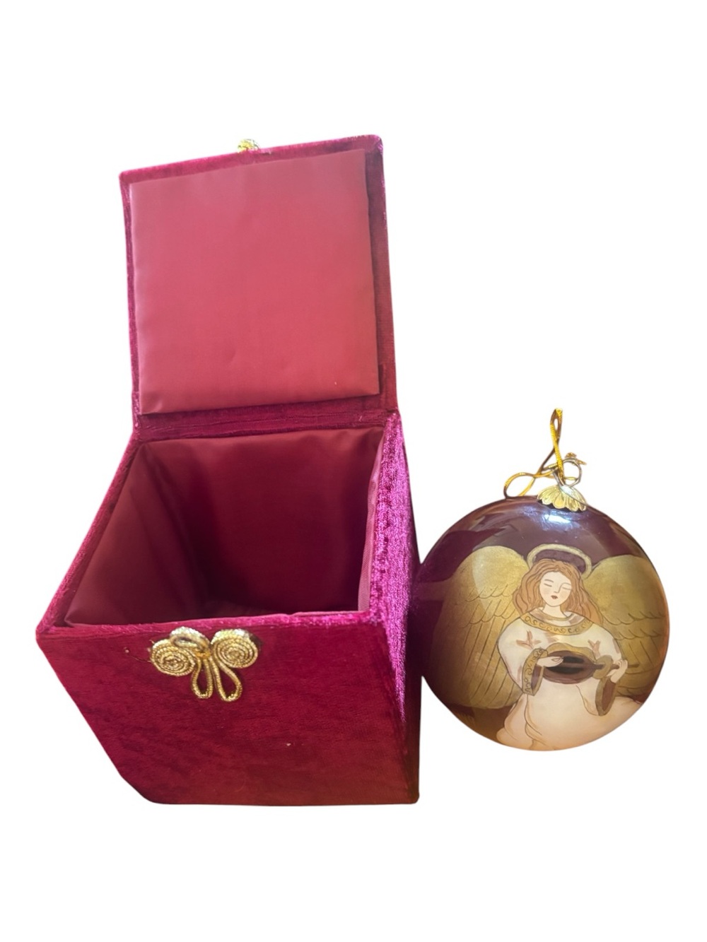 Pier 1 Burgundy Velvet Gift Box with Gold-Accented Angel Ornament NIB